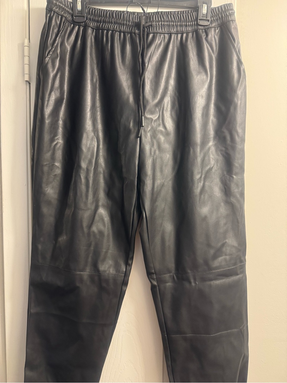 Faux Leather Drawstring Jogger Pants - Black